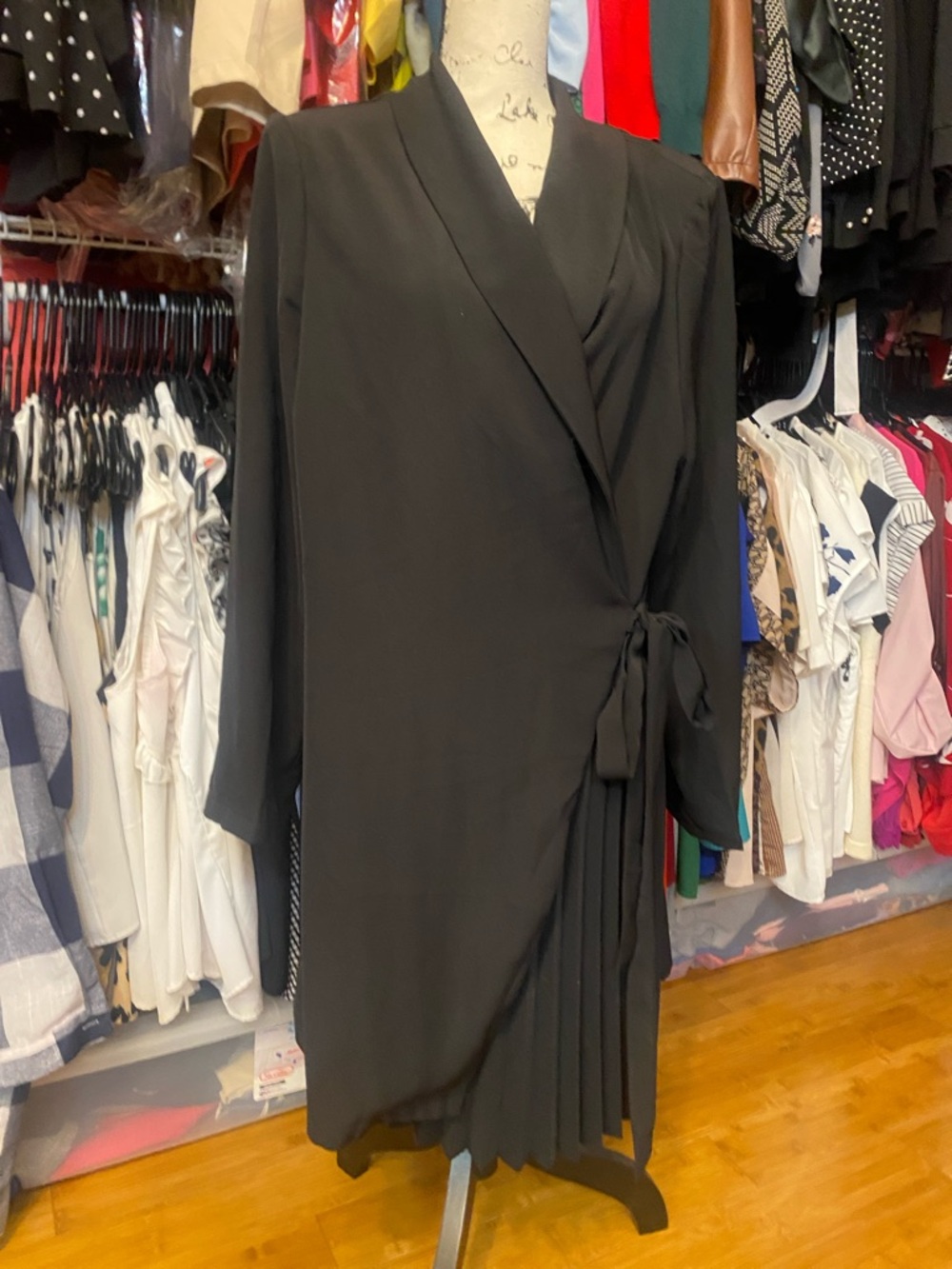 Black Wrap-Front Long Sleeve Dress with Side Tie